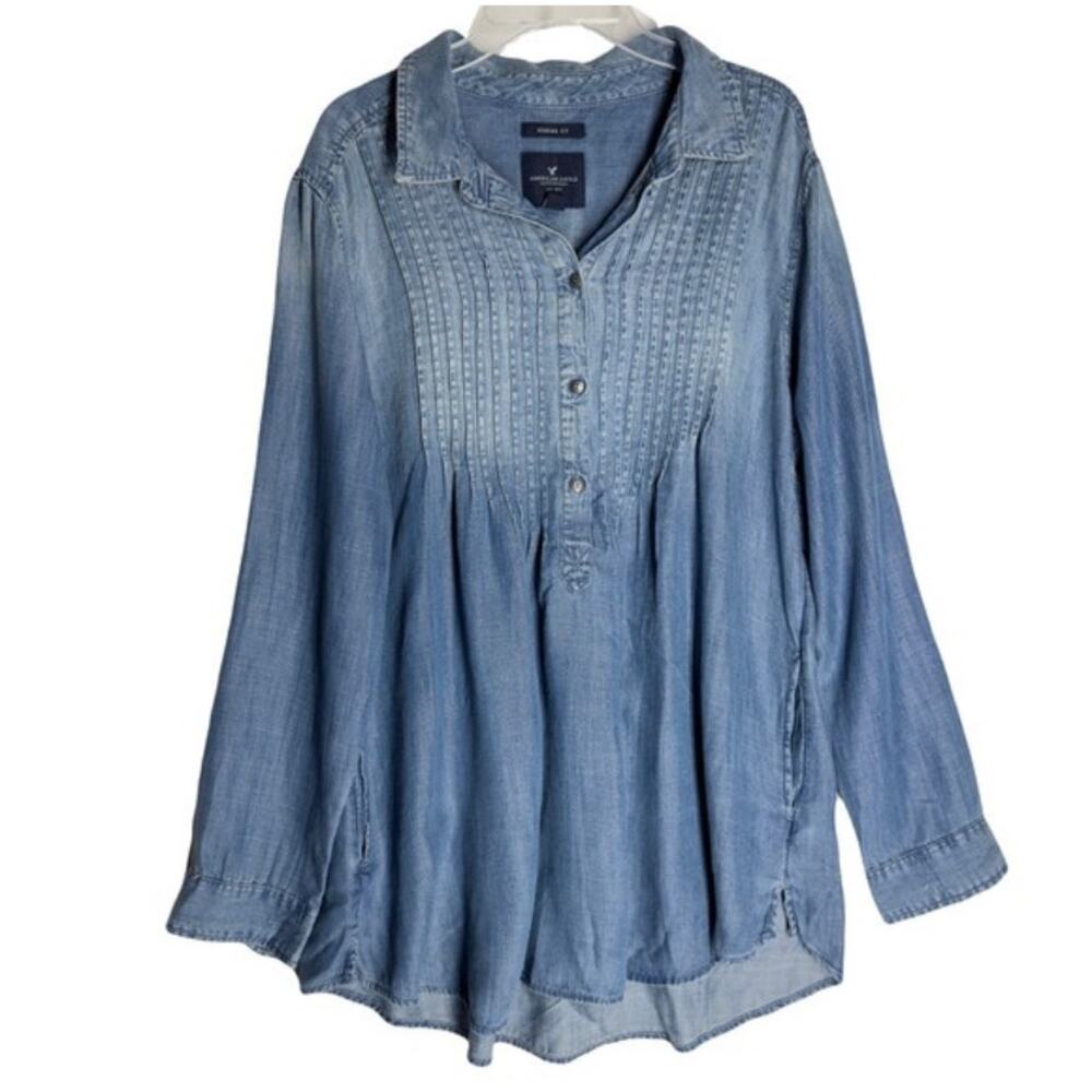 American Eagle Jegging Chambray Prairie Top‎ SZ S Stretch Boho Casual Comfort